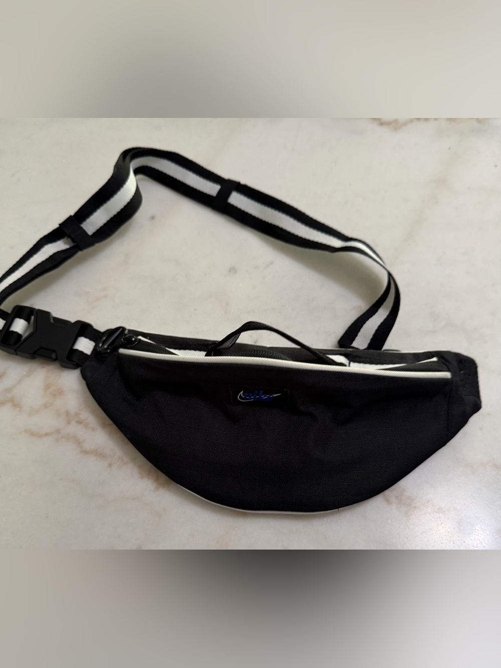 Nike Black Belt Bag with Black and White Striped Strap